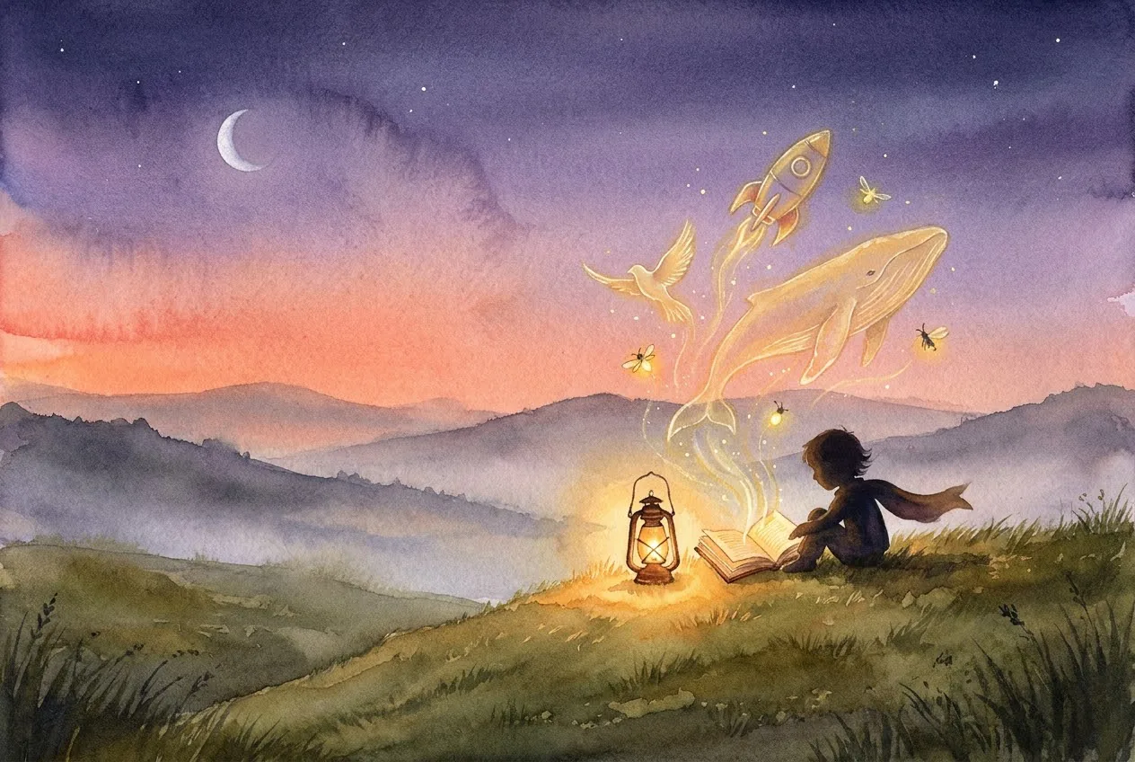 Twilight watercolor: a child in silhouette reads a book beside a lantern, and a whale, a rocket and a bird made of light rise from its pages